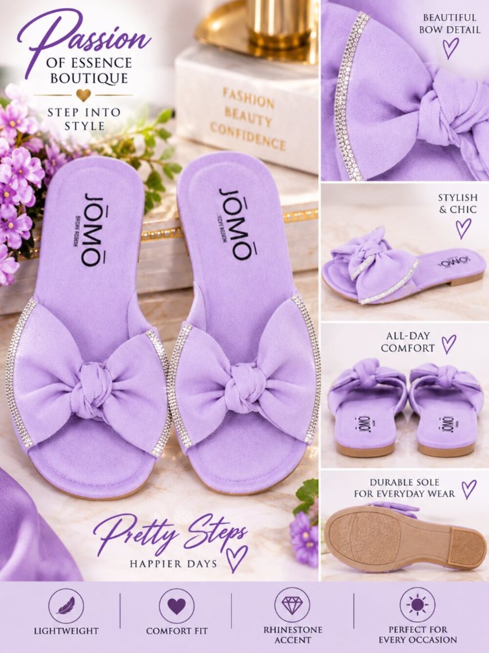 Cape Robbin JOMO Pomelo Lavender Bow Rhinestone Flat Slide Sandals Size 6